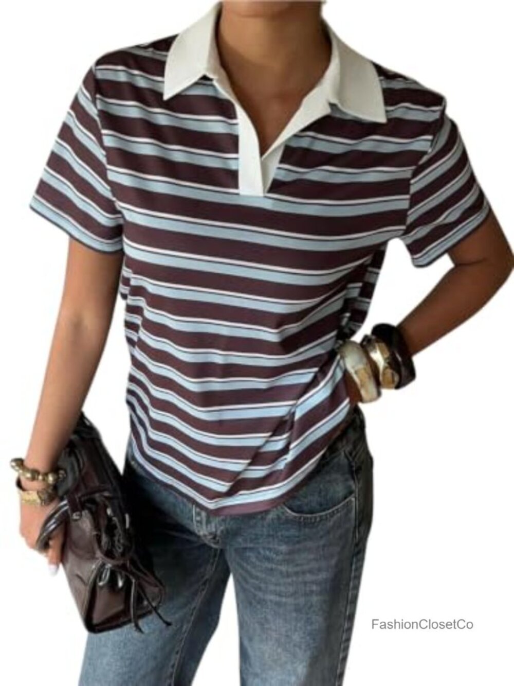 Women's Retro Striped Short Sleeve T-Shirt with Collar, Soft Stretch Polyester